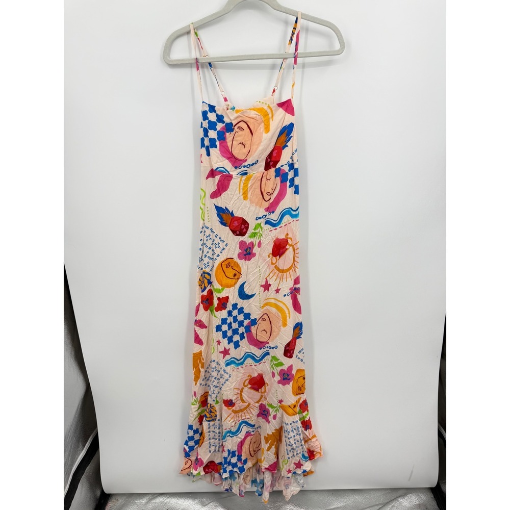 Paper Heart Abstract Face star Print maxi Dress Women M Multi-Color Tie Back